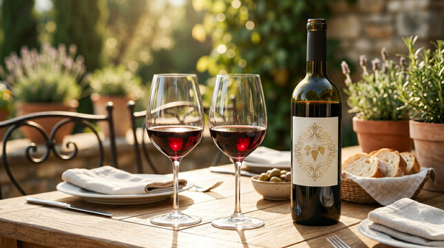 Wine glasses and bottle on outdoor dining table