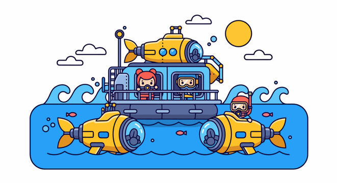 Cartoon Submarine Fleet Exploring Ocean Waters Under Sunny Sky.