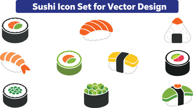 Sushi icon set for vector design featuring various types of sushi rolls and sashimi