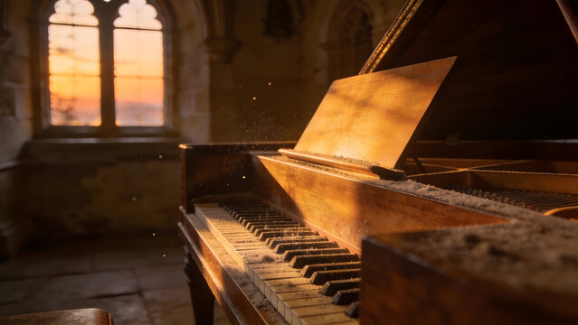 harpsichord. Quiet room in an old castle at dusk, a dusty harpsichord in warm fading light. travel magazines, destination branding, designed for travel destination branding, used by brand managers.