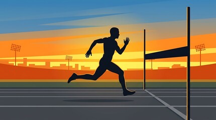 Obraz premium Silhouette of Athlete Running on Track Overcoming Hurdle at Sunset