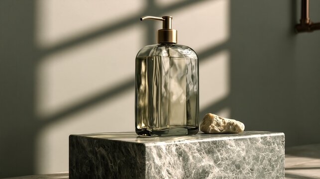 Dispenser bottle featuring a gold pump head stands proudly on a grey marble block in soft daylight.