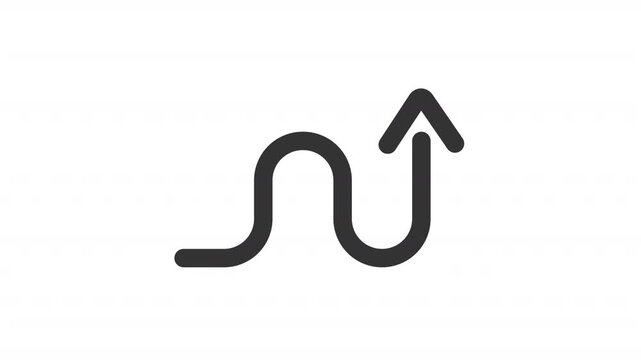 Animated curved arrow pointing upward line icon. Dynamic workflow changes animation. Nonlinear forward path trajectory. Outline element on white background. HD video with alpha channel