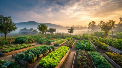 Naklejka premium Serene Morning Scene in a Vegetable Garden with Green Lush Plants and Misty Background at Sunrise near Mountains