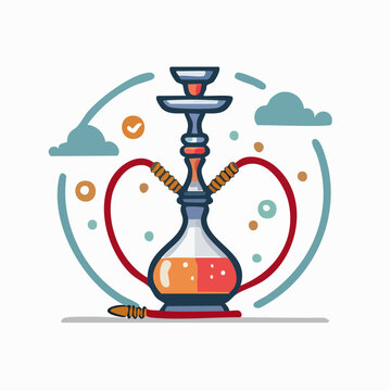 Flat design illustration of a hookah with clouds and decorative elements