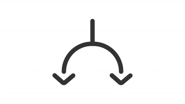 Animated central line splitting downward line icon. Two curved arrow directions animation. Navigational design element. Outline element on white background. HD video with alpha channel