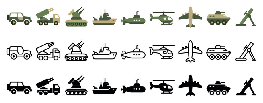 Collection of military vehicle and weapon icons in different styles