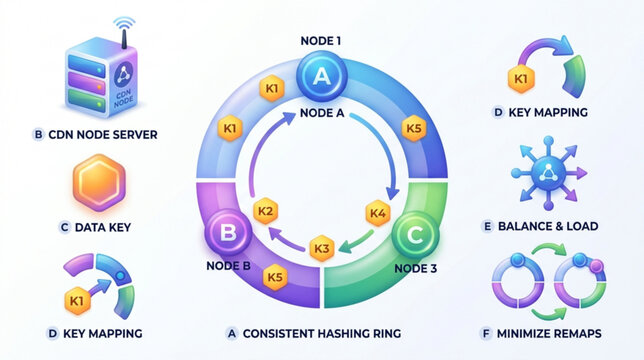 The system illustrates a consistent hashing ring with nodes A, B, C, and D, showcasing data key distribution, node server, key mapping, and load balancing.