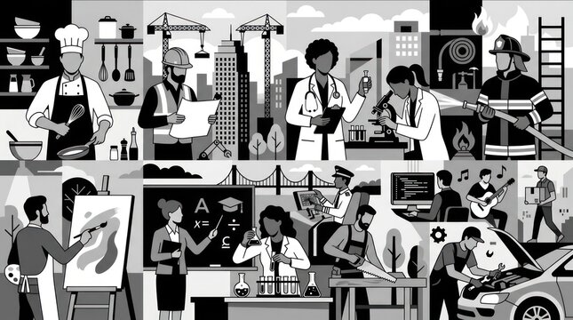 City life with various occupations collage.