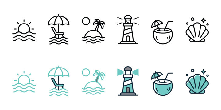 Summer beach tropical sea vacation icon line set. Coastal trip ocean wave with sunset and palm tree signs vector illustration