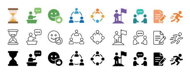 Obraz premium Collection of business and teamwork icons representing collaboration, success, and time management