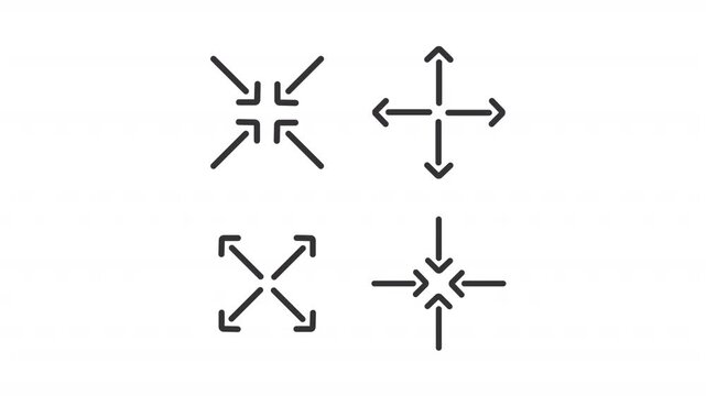 Animated symmetric arrow line icons. Digital navigation design elements animation set. Four directional symbols. Outline elements on white background. HD video with alpha channel