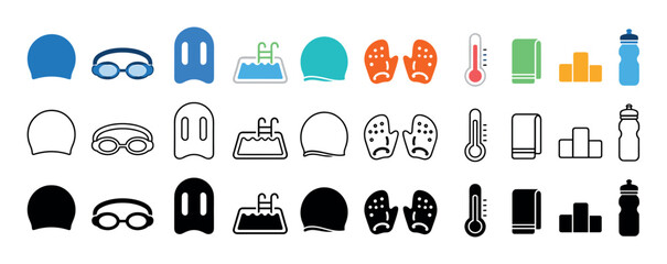 Collection of swimming equipment icons in various styles and colors © Maureen