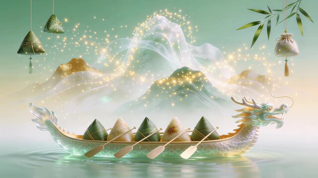 Dragon Boat Festival Celebration Featuring Traditional Zongzi Rice Dumplings and Ethereal Mountain Landscape Artwork
