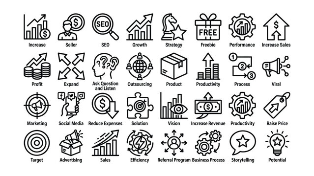 Business icons for marketing strategy and growth concepts  seo and productivity symbols in a flat line style