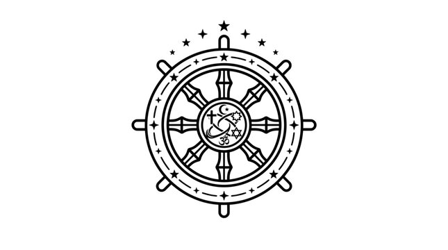 Detailed line art of Dharmachakra wheel with stars.