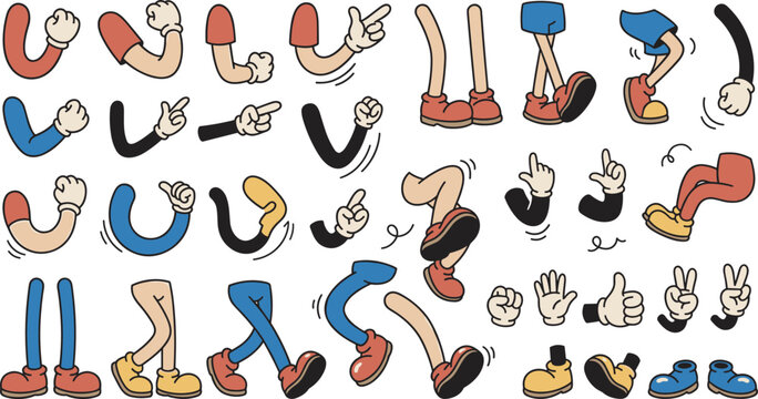 Retro cartoon character body parts creation kit with gloved hands bendy rubber hose arms walking legs and comic gestures vector elements set
