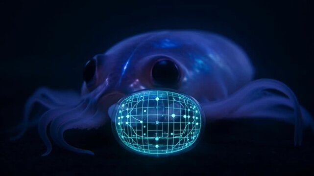 Bioluminescent deep sea squid with glowing digital network sphere hologram.