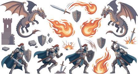 Medieval knight and fantasy dragon battle collection with armored warriors fireballs flying monsters swords shields and castle ruins vector illustrations set