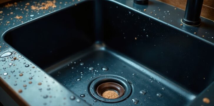 Dark kitchen sink basin with water droplets, cork stopper in place , close-up, steel, cork