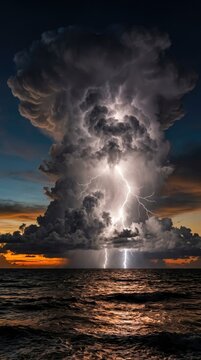 Dramatic lightning storm over ocean with dark thunderclouds at sunset