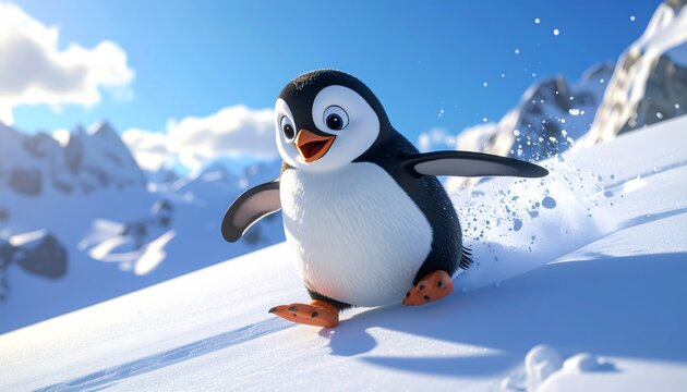 A cartoon penguin sliding on snowy slope.