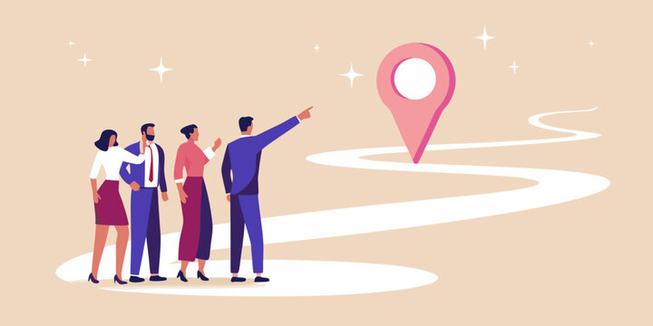 Business Team Looking At Map Marker Flat Vector Illustration