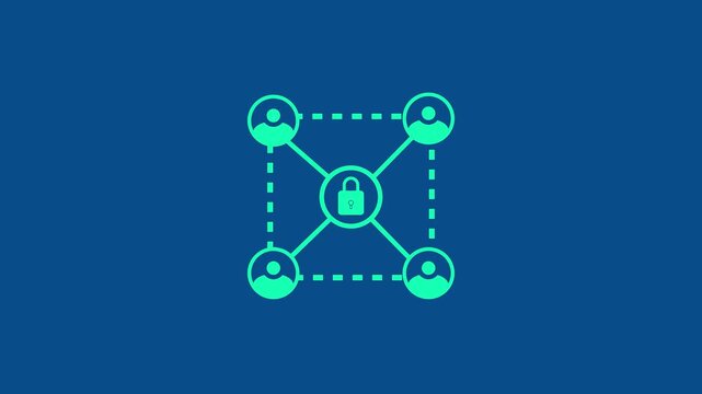 Data secure connection icon.Containing database,server,analytics,security and network icons on blue background.