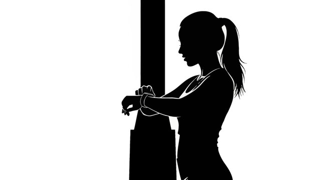 Silhouette of a woman athlete looking at her smartwatch fitness tracker while standing outdoors or in a gym, black and white vector illustration for health and activity monitoring.