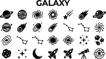 Comprehensive Galaxy Vector Icon Set Featuring Planets, Stars, Constellations, Black Holes, Rockets, and Astronomy Equipment  Perfect for Science, Space Exploration, and Education Designs. © Masum