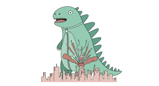 Green Godzilla destroying city, cartoon monster illustration, urban destruction concept