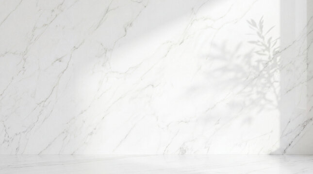 Luxury white marble texture with soft natural light and plant shadows, minimal Scandinavian style background with copy space
