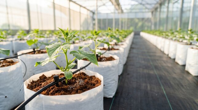 Rows of young plants grow in white bags on a dark wooden floor in a greenhouse
