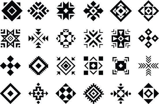 Black tribal geometric ornament vector set with ethnic aztec patterns diamond shapes and bohemian tattoo elements 