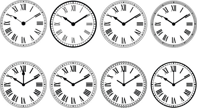 Vintage round clock face vector set with black roman numerals and different classic ornamental border frames