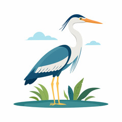 Fototapeta premium Illustration of a Blue Heron standing in water with plants and clouds