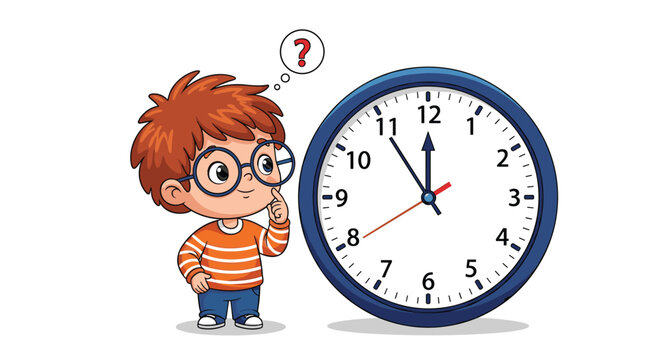 Curious young boy with glasses looks at a large wall clock with a question mark above his head while trying to learn how to tell the time.