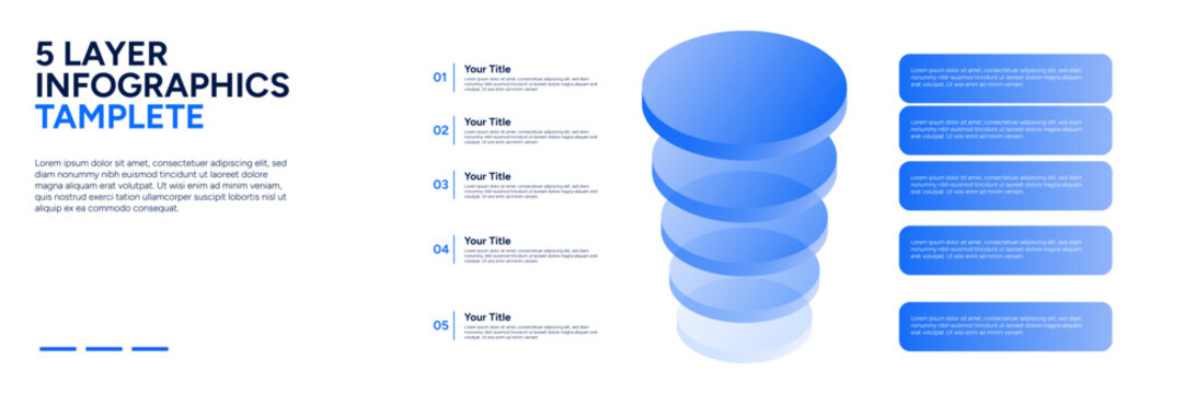 Modern 5 Layer Isometric Cylinder Business Infographic Template with 3D Stacked Blue Discs