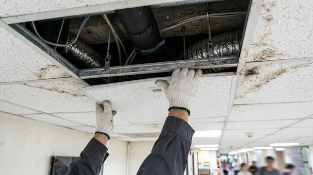 Worker in gloves repairing ceiling tiles and exposed ductwork in office
