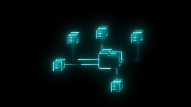Neon document management system icon connecting multiple files and folders. folder and document icons connected. diagram illustrating a central folder connected icon to multiple stacks of document 4k.