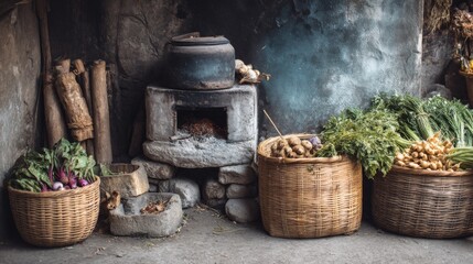 Obraz premium Rustic kitchen interior featuring traditional stove and fresh vegetables in woven baskets, showcasing organic farming and culinary preparation space
