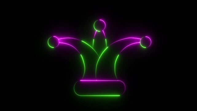 Glowing neon Jester joker Hat Icon Animation on Black Background. Neon Clown Hat with Bells. Casino gambling. Colorful Circus Festival, Masks and Party Elements, carnival character with joker hat ...