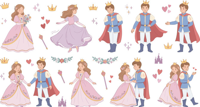 Cute fairy tale prince and princess character collection with royal crowns castles magic wands and romantic couple elements vector illustration set
