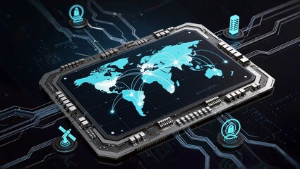 Fototapeta premium Global Digital Network Visualization with Cybersecurity Data Analytics Dashboards and Connected Information Systems