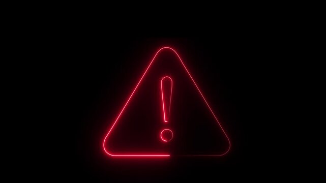 Glowing neon red colour warning icon animation on black background.4k Animation Video .