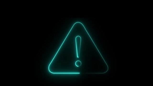 Glowing neon cyan colour warning icon animation on black background.4k Animation Video .