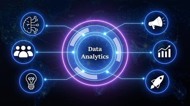 Data analytics concept infographic motion graphic animation with digital networking icons on dark blue world map background.