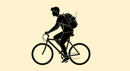 Obraz premium Minimalist black silhouette of a young male teenager riding a road bicycle while wearing a backpack with an external battery pack and charging cable, set against a solid cream background.