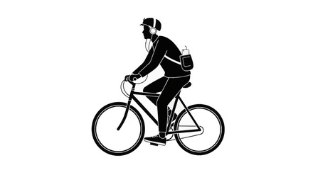 Fototapeta premium Black and white silhouette vector illustration of a young man riding a bicycle, wearing headphones and a cap with a shoulder bag, isolated on a plain white background for design.