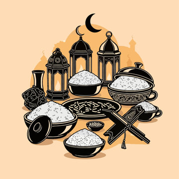 Traditional Iftar layout vector illustration featuring lanterns, rice bowls, Quran on a stand, and mosque silhouettes under a crescent moon for Ramadan celebration theme.